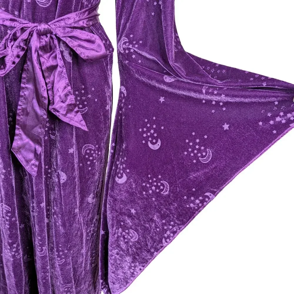 Spirit Purple Crushed Velvet Celestial Hooded Dress Cloak Moon Star Bell Sleeve - Picture 6 of 10